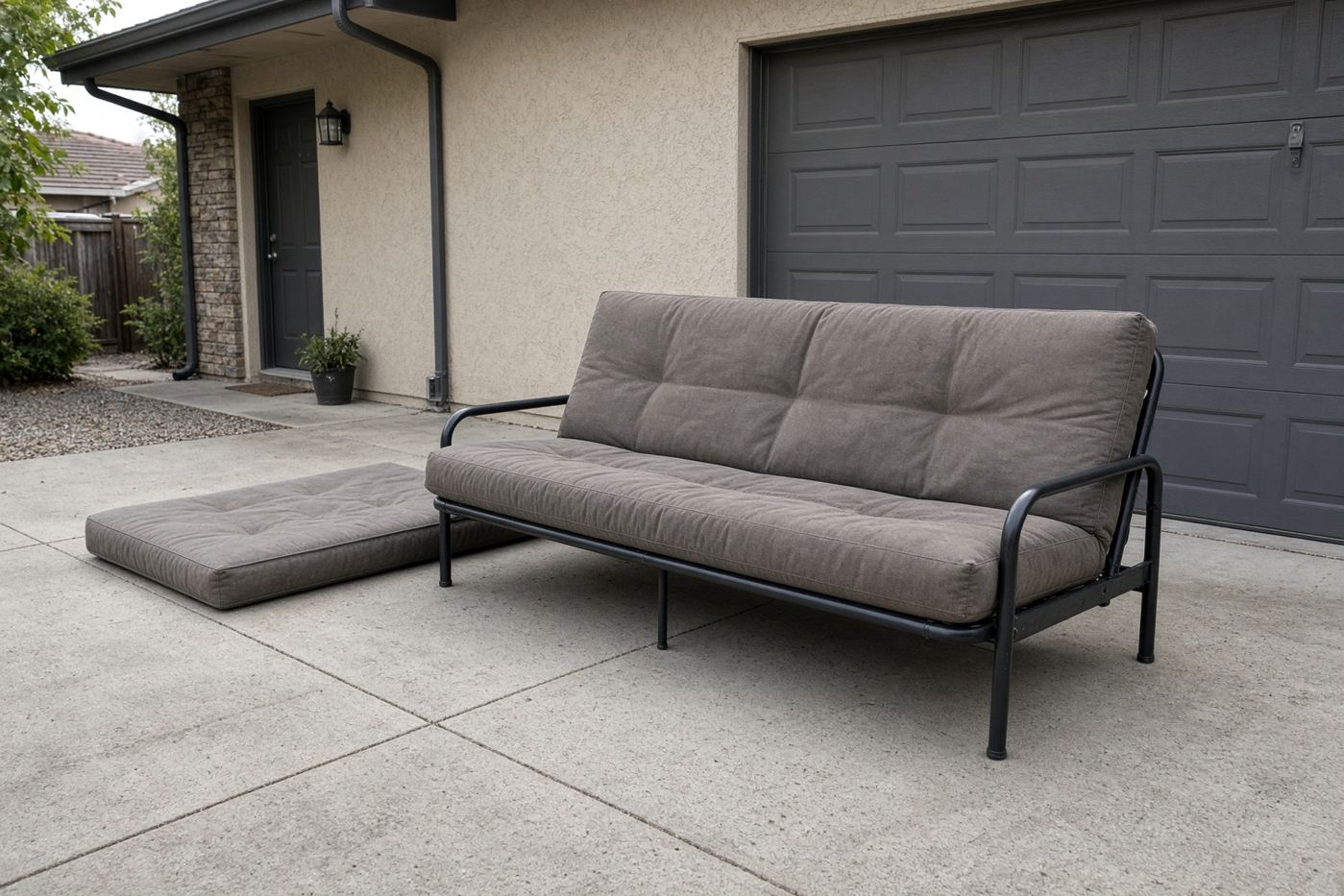Metal-frame futon on a San Diego driveway ready for futon couch removal
