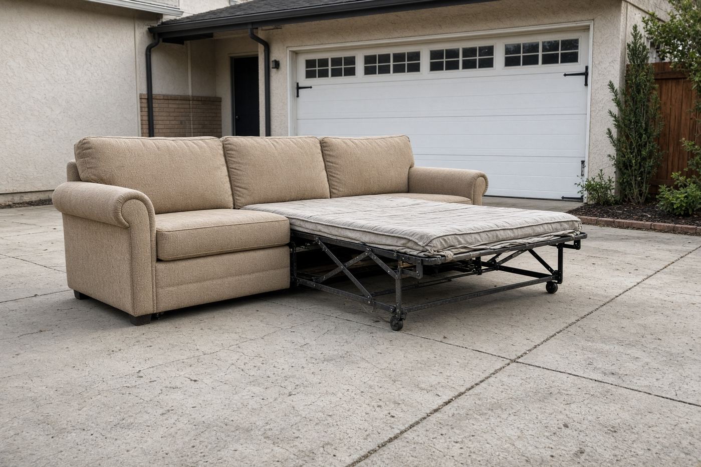 Sleeper sofa with the hide-a-bed pulled out on a San Diego driveway for sofa removal