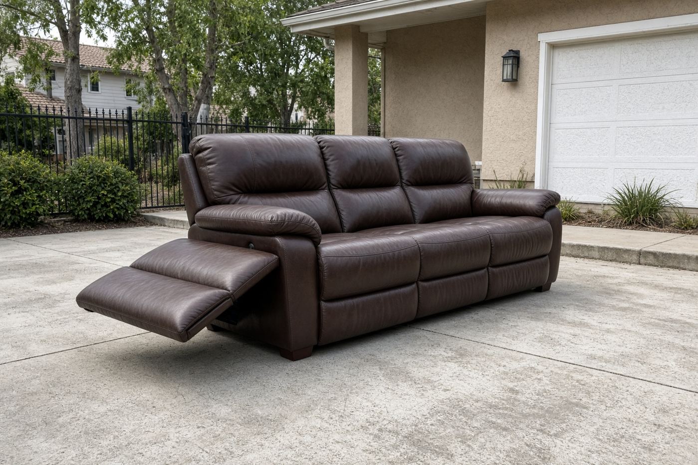 Reclining sofa on a San Diego driveway ready for recliner couch removal