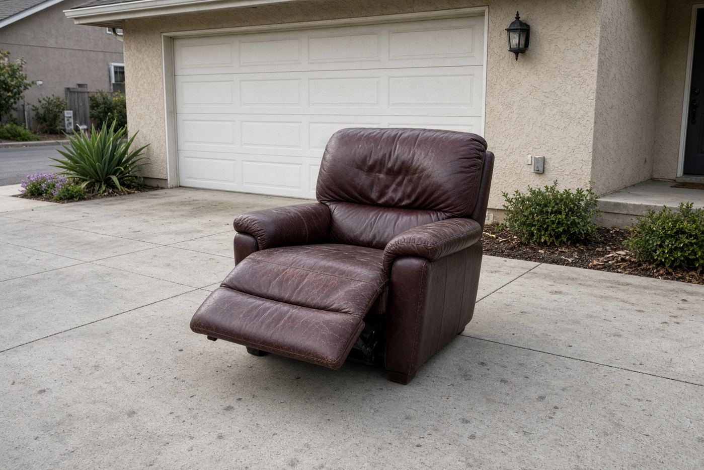 Single recliner on a San Diego driveway ready for recliner removal