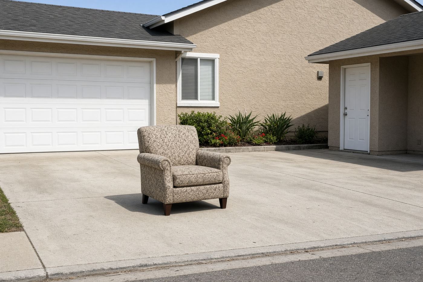 Accent armchair on a San Diego driveway ready for sofa chair removal
