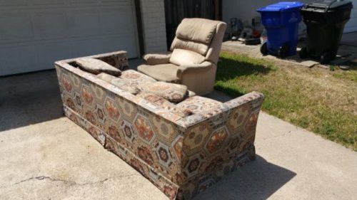 Patterned sofa and recliner on a patio for couch and chair removal