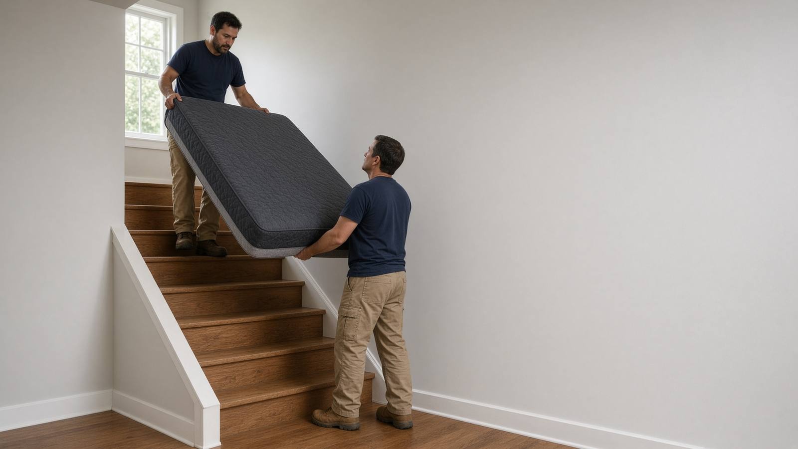 Two workmen carrying a mattress down indoor stairs for full-service junk removal