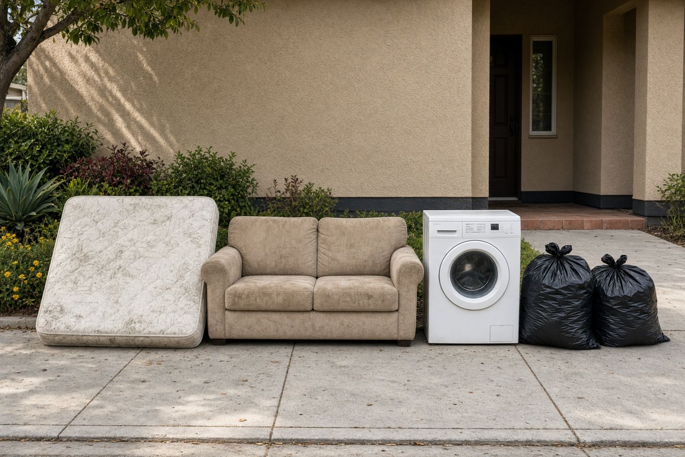 Sofa, nightstand, and bags at a San Diego curb showing typical junk removal cost items