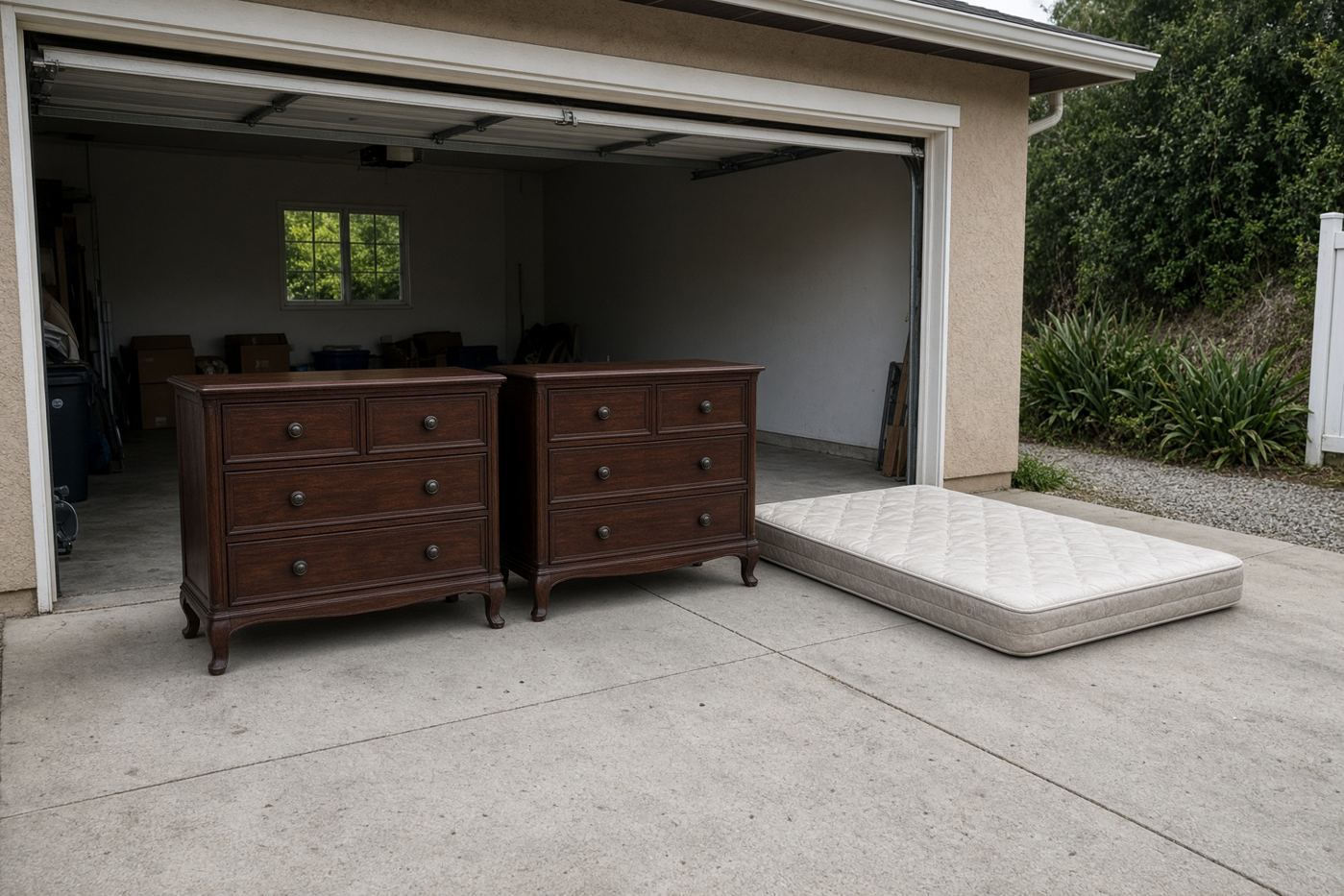 Two dressers and a mattress staged at a garage for a multi-item junk removal discount