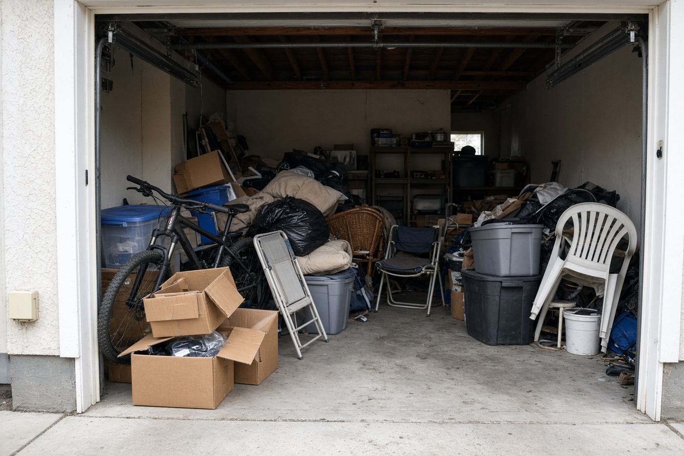 Packed San Diego garage staged for a free junk removal estimate