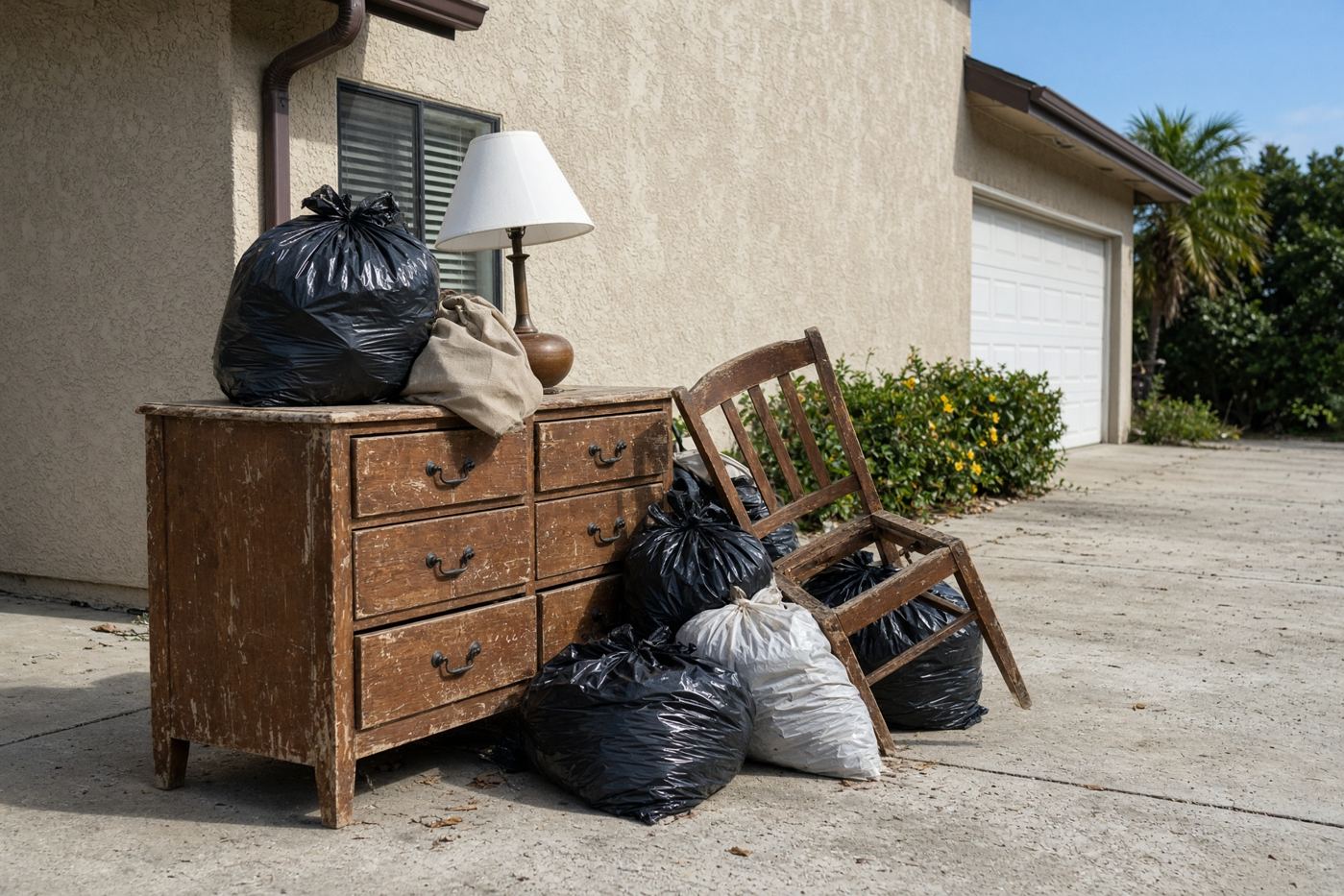 Household junk staged on a San Diego driveway for a free junk removal quote