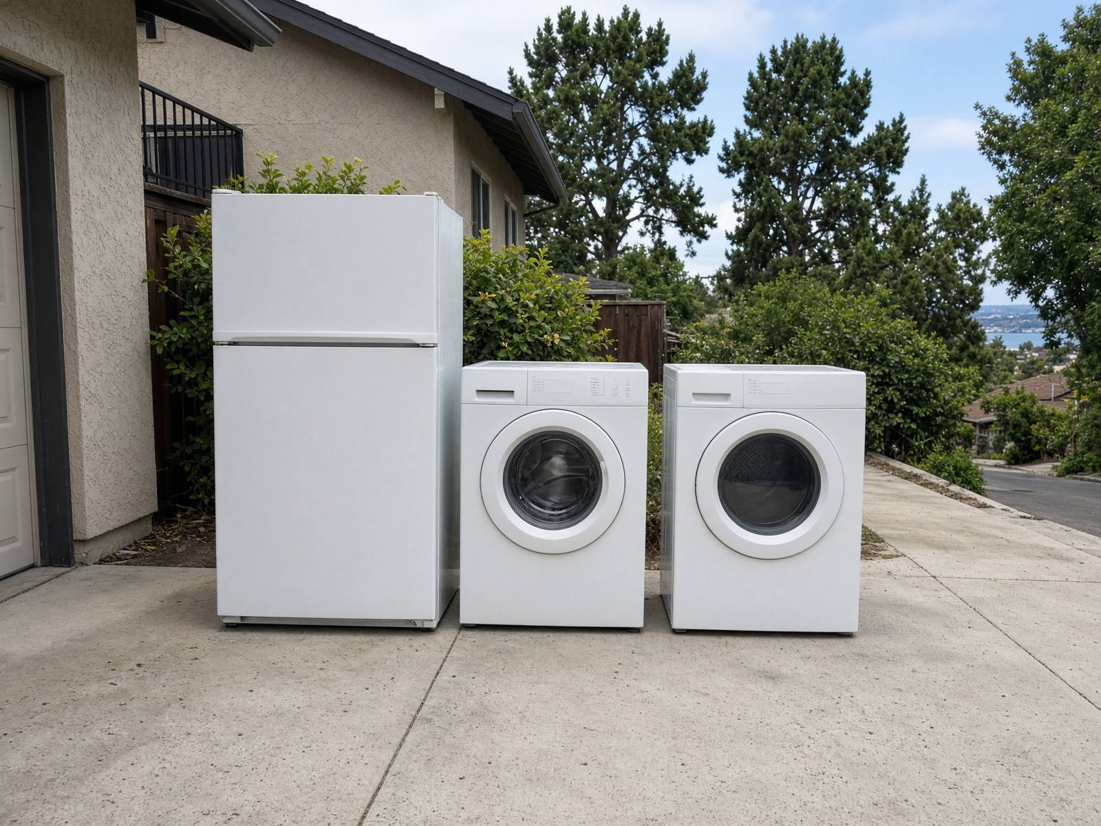 Refrigerator, washer, and dryer on a driveway for appliance hauling