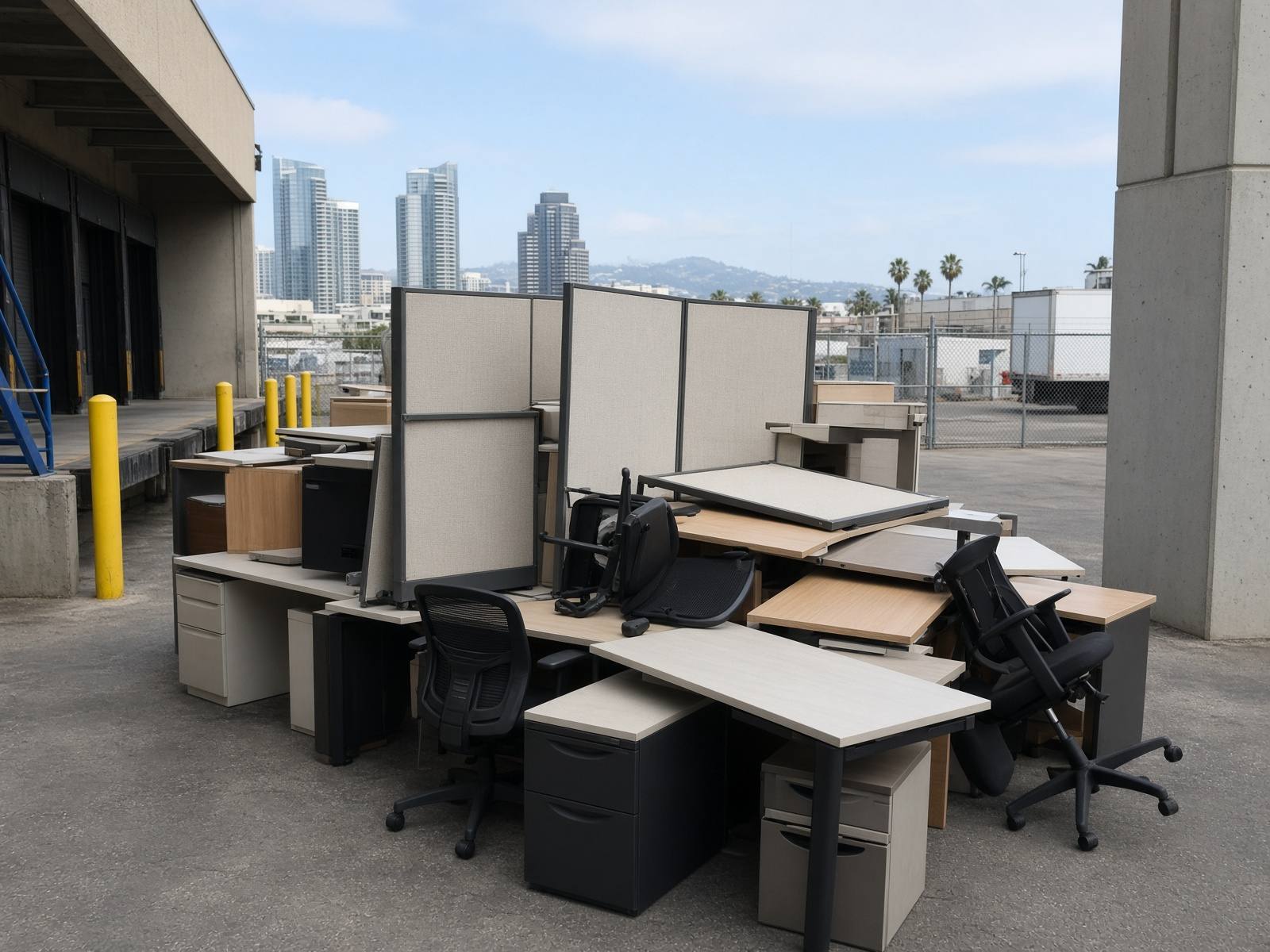 Office desks, chairs, and cubicle panels stacked for commercial junk removal