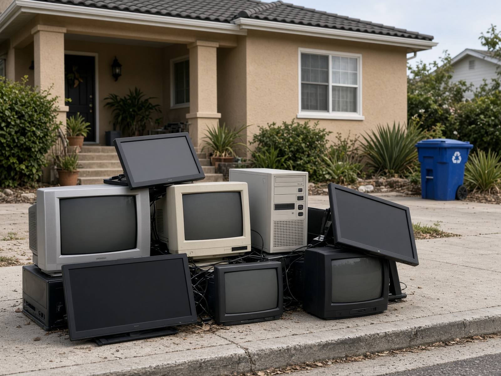 Old TVs, monitors, and a computer stacked for e-waste recycling pickup