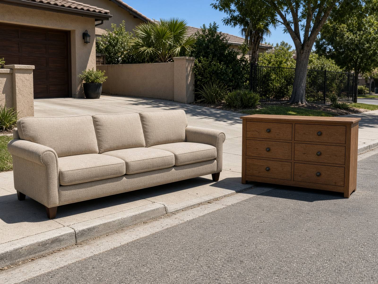 Sofa and dresser staged on a San Diego driveway for furniture removal