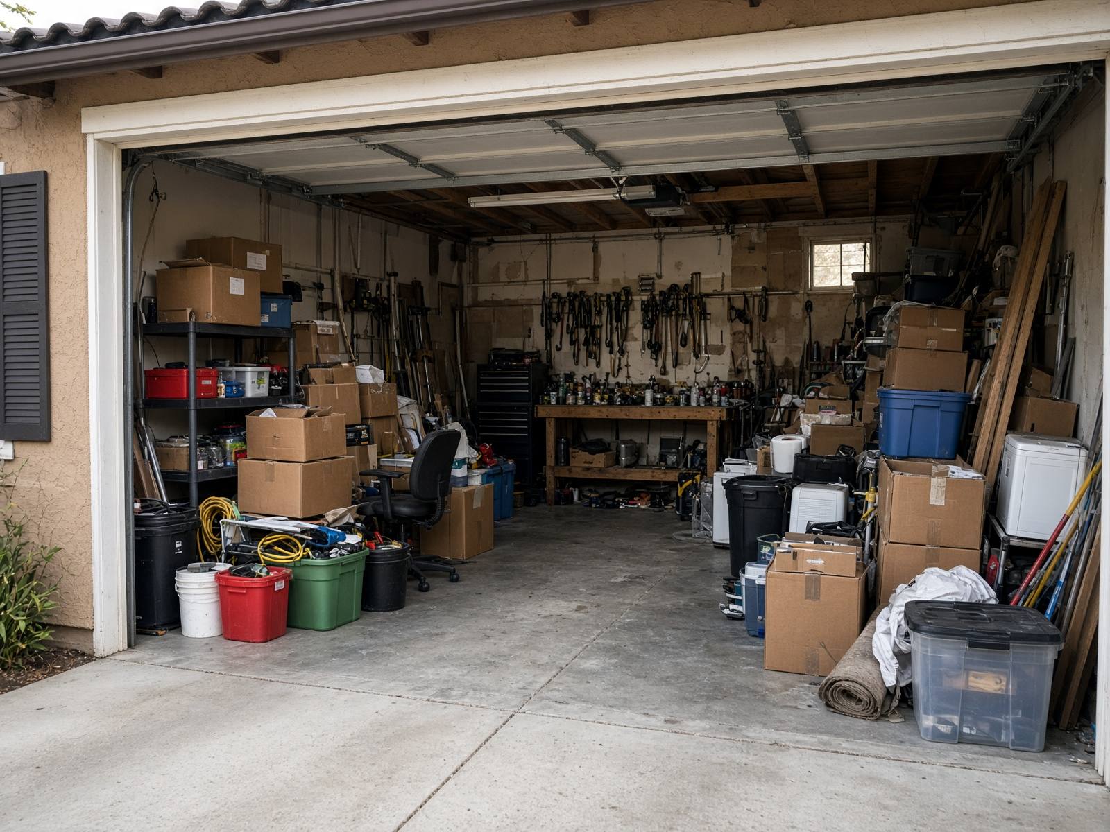 Cluttered two-car garage packed with boxes and junk before a cleanout