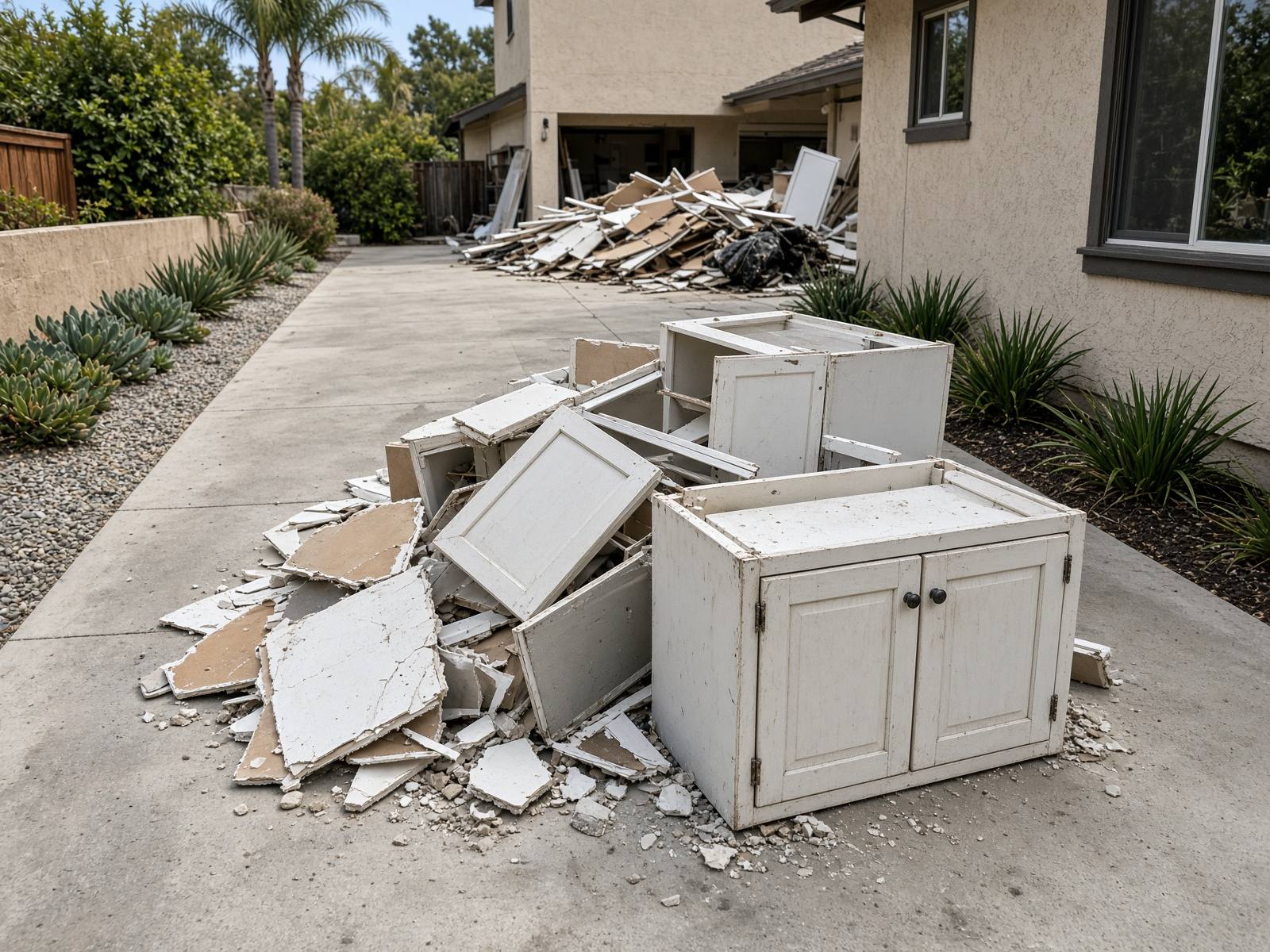 Old cabinets and remodeling debris on a driveway for curbside haul-away