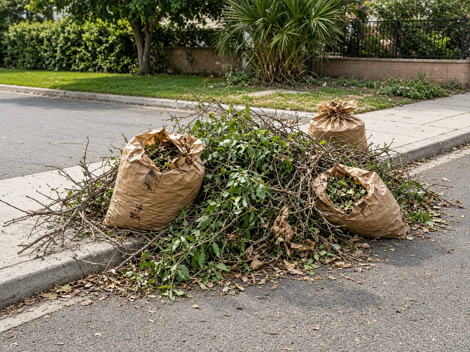Bagged leaves and bundled branches staged for yard waste hauling
