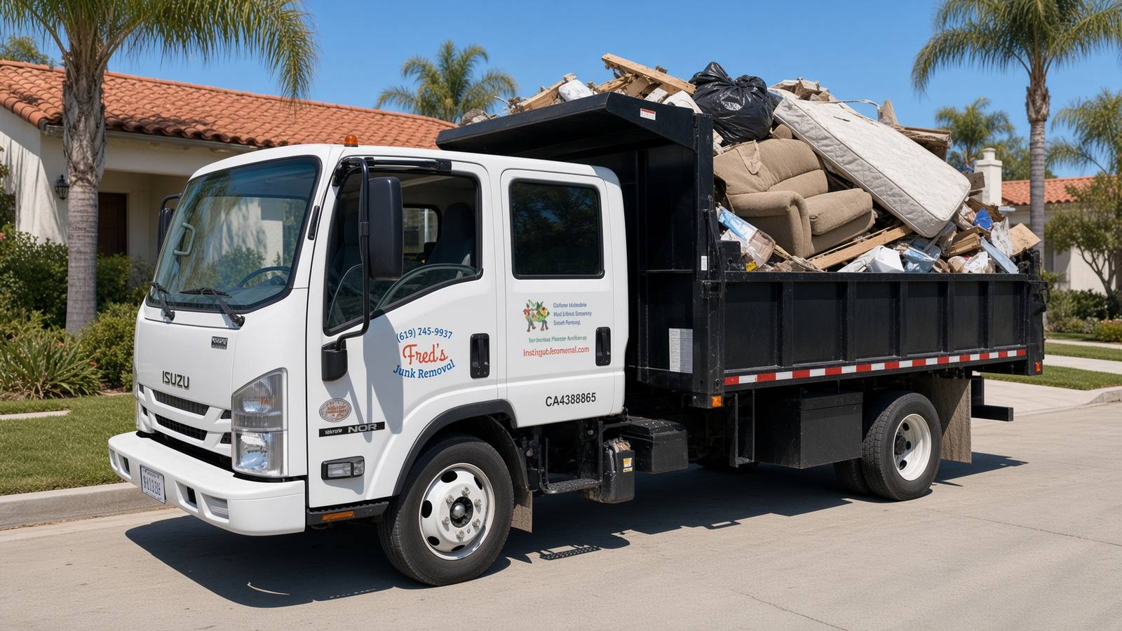Fred's Junk Removal dump truck loaded with household junk in San Diego