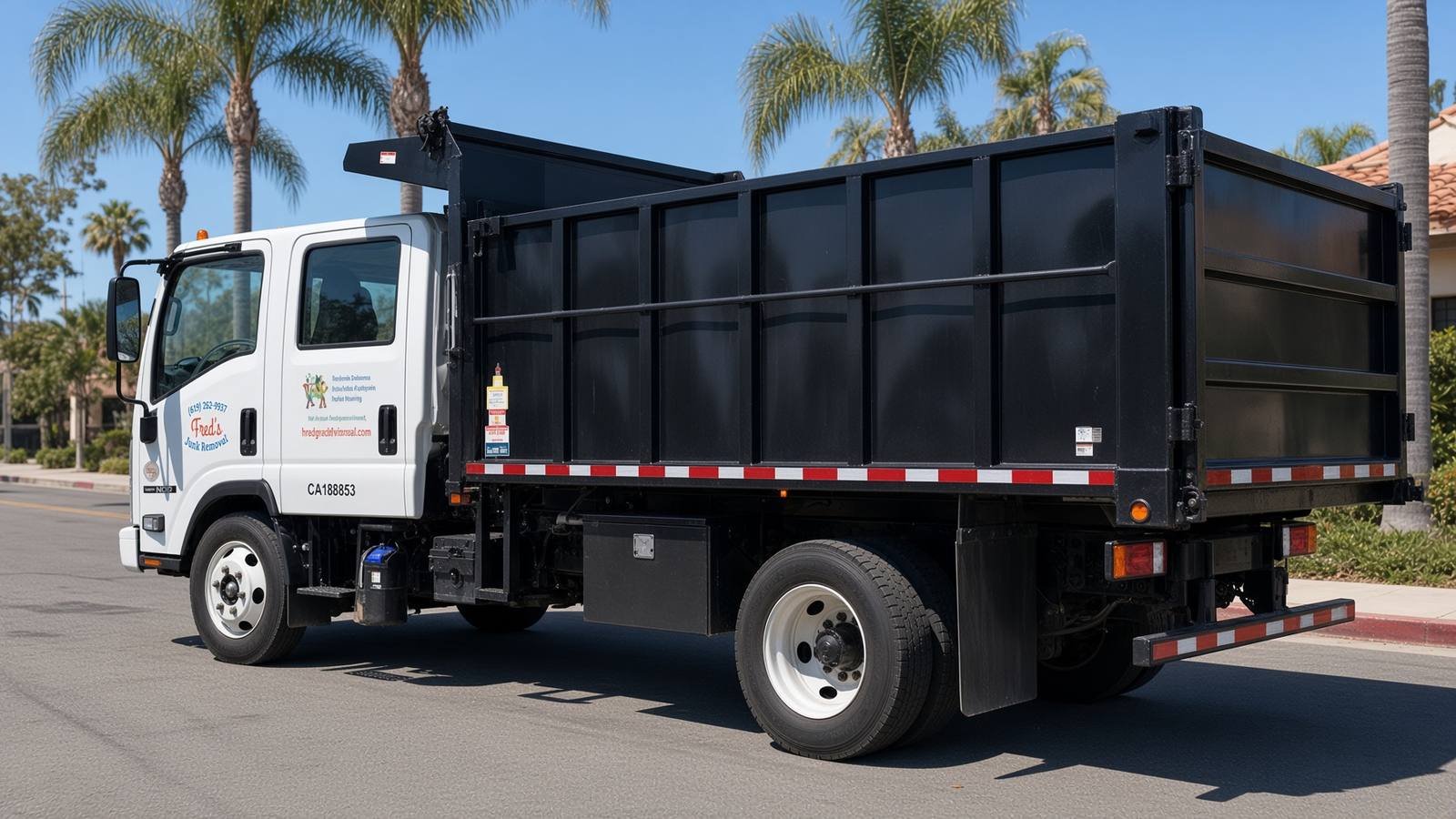 Rear view of Fred's dump truck loaded with junk after a San Diego pickup