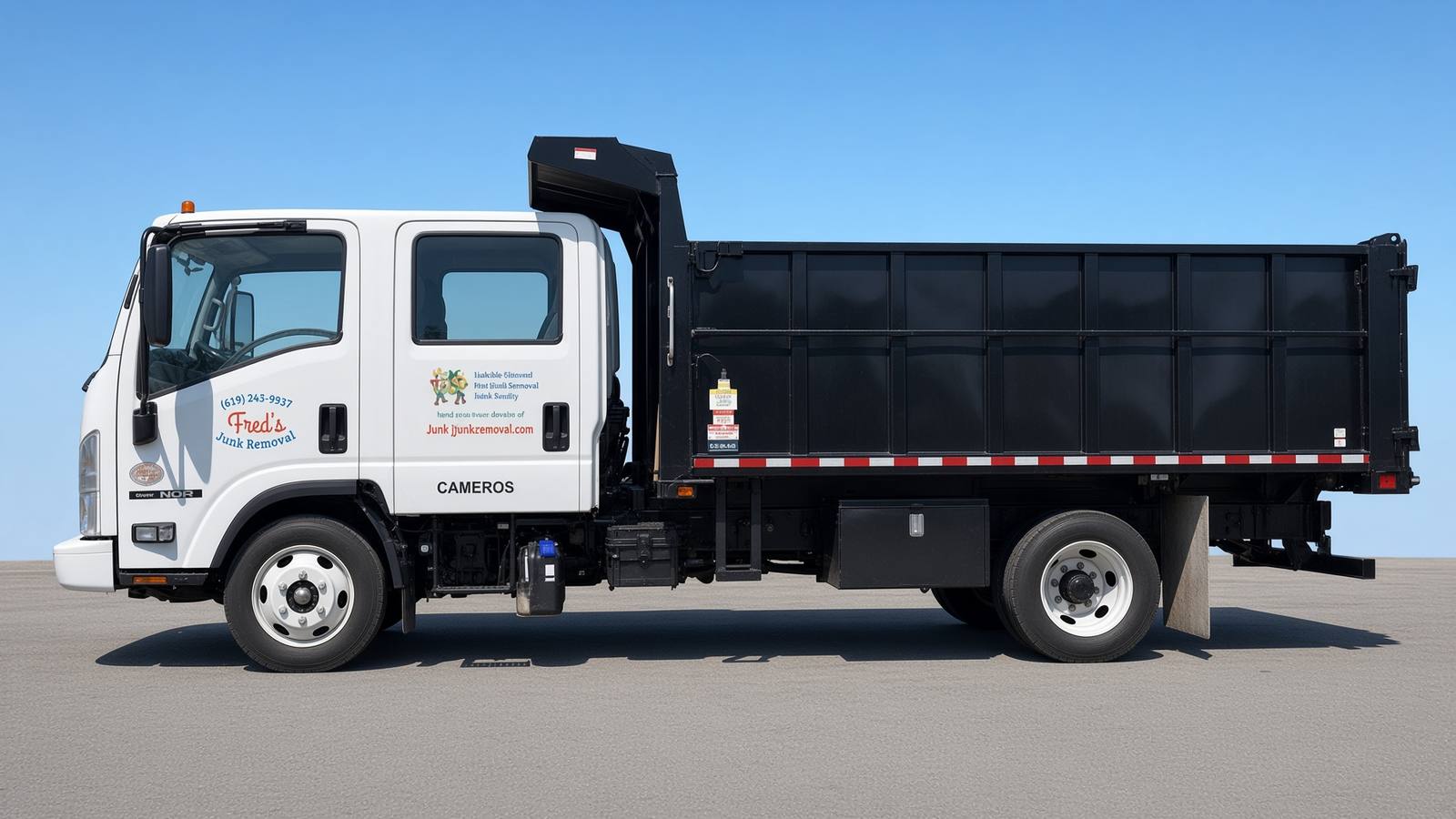 Side view of Fred's white dump truck used to price garage cleanouts by the load