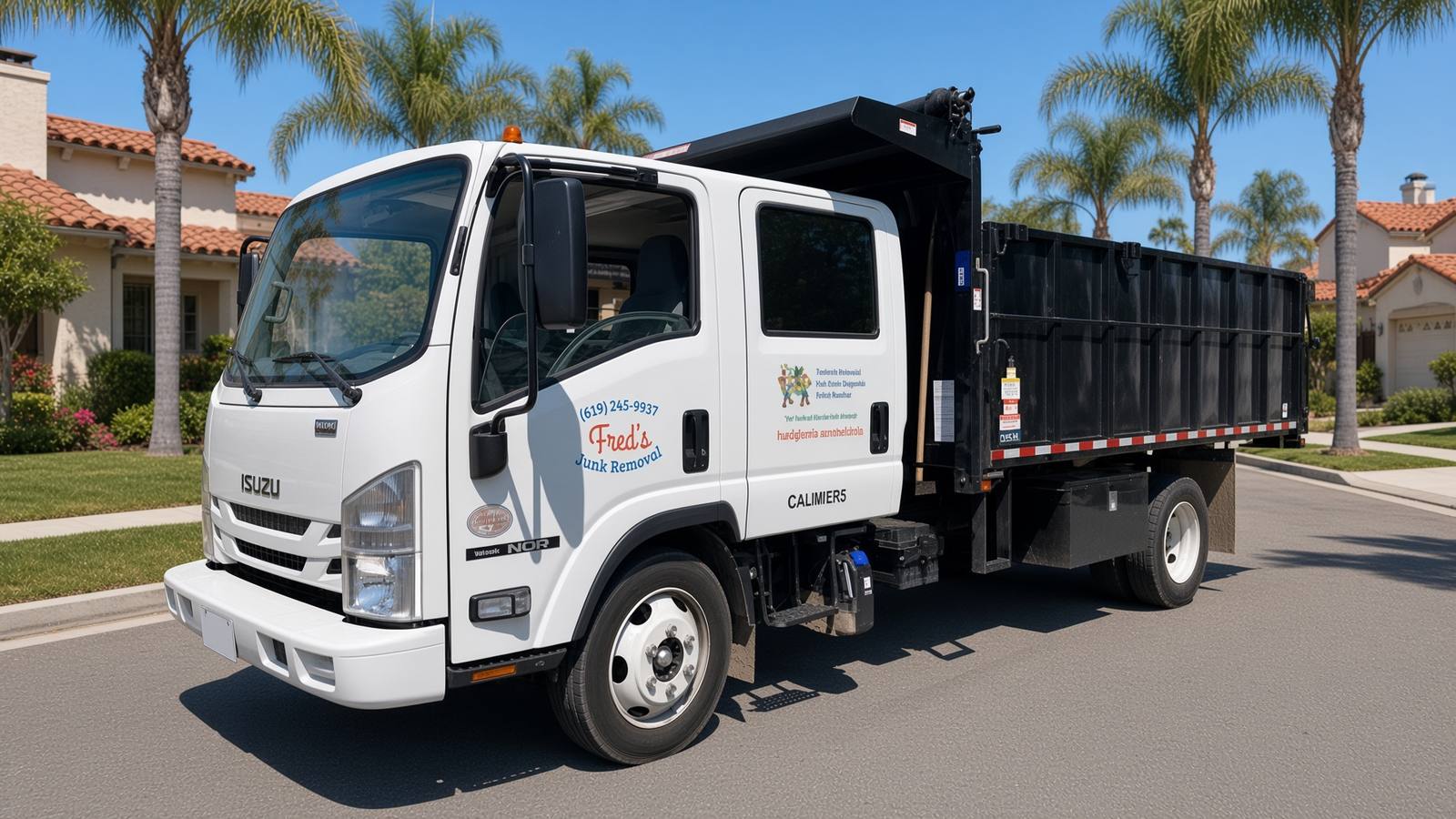 Fred's Junk Removal white dump truck on a San Diego street